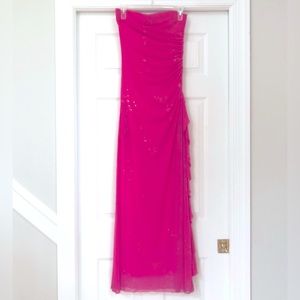 Vintage City Triangles Hot Pink Glitter Ruched Gown Dress with side Ruffles